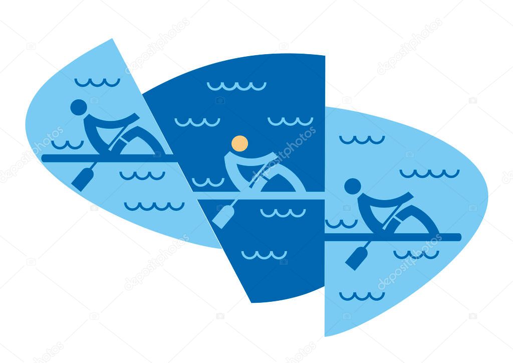 Rowing race.Three symbols of rowers on blue decorative background.  Vector available.