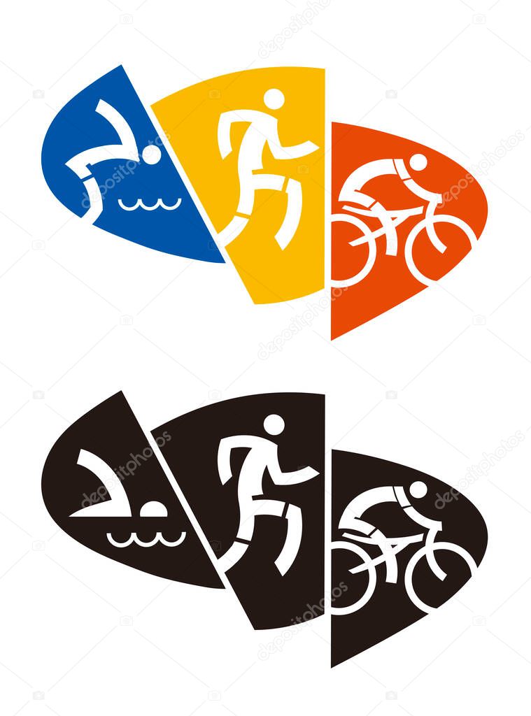 Triathlon logo, emblem.Illustration of colorful and black icon with triathlon athletes. Vector available.