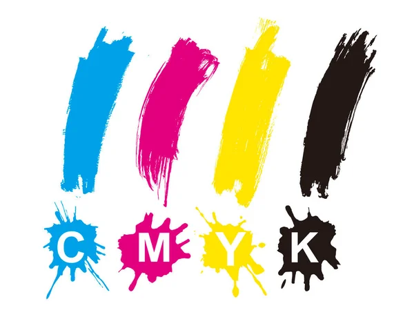 Cmyk Imprimir Colores Signos Exclamación Salpicaduras Ilustración Cuatro Signos Exclamación — Vector de stock