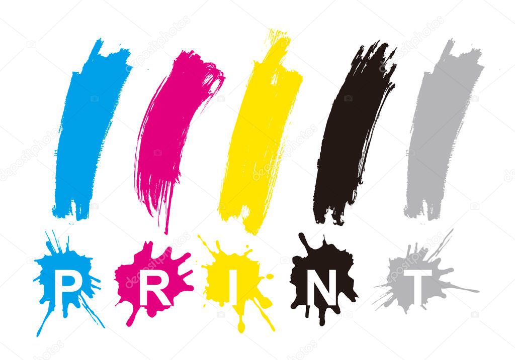 CMYK print, exclamation marks, splatters.Illustration of four expressive exclamation marks with PRINT lettering. Concept for presenting of color printing. Vector available.