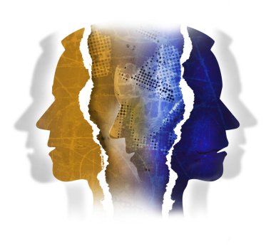 Şizofreni, depresyon, yırtık kağıt konsept. Parçalanmış kağıt kafa siluetleri. Görüntü gerçek insanları göstermiyor. Konsept psikiyatrik sorunlar.