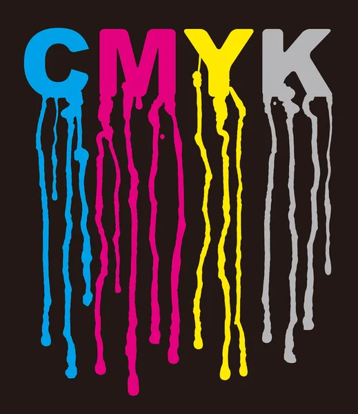フローペイント Cmykプリント色 滴下塗料とCmykの碑文のイラスト カラー印刷の提示のための概念 ベクトル利用可能 — ストックベクタ