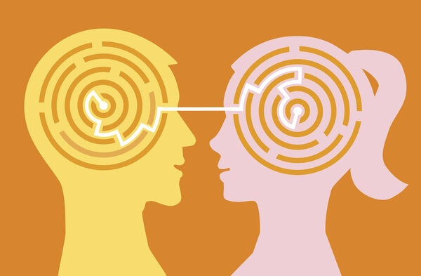 Мужчина и женщина стилизовали головы силуэтами с лабиринтом, символизирующим взаимопонимание между мужчиной и женщиной. Вектор доступен.