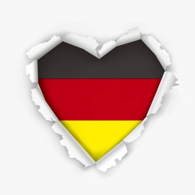Almanya 'yı seviyorum, kağıt kalp sembolü. Kalp şeklinde bir delik Alman bayrağını gösteriyor. Demokratik vatanseverlik kavramı. Kullanılabilir vektör.