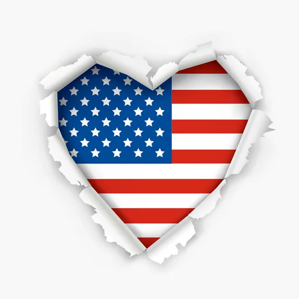 Kocham Amerykę Papierowy Symbol Serca Dziura Kształcie Serca Wyrwana Przez — Wektor stockowy