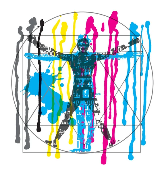 Vitruvian Man Binary Code Flowing Paint Cmyk Colors Futuristic Expressive — 스톡 벡터