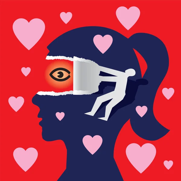 あなたの目 プラトニック愛 愛の概念を開きます プロフィールと男性のシルエットのリッピング紙で女性の様式化された頭と心を背景に目を発見 ベクトル利用可能 — ストックベクタ
