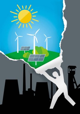 Karanlık sanayi yerine yenilenebilir enerji kaynakları keşfediliyor ve kullanılıyor. Erkek silueti termik santralin karanlık silüeti ile kağıt yırtıyor..