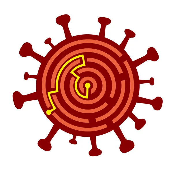 コロナウイルスのシンボル迷路 最終的な解決策の概念 コロナウイルスワクチンの発見と世界パンデミックの解決を象徴する迷路のイラスト ベクトル利用可能 — ストックベクタ