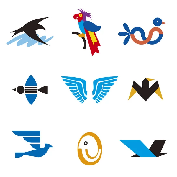 Iconos Aves Emblemáticos Símbolos Colores Estilizados Aves Alas Útiles Para — Vector de stock