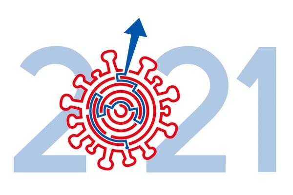 Jahr 2021 Lösung Der Coronavirus Pandemie Coronavirus Symbollabyrinth Lösungsweg Konzept — Stockvektor