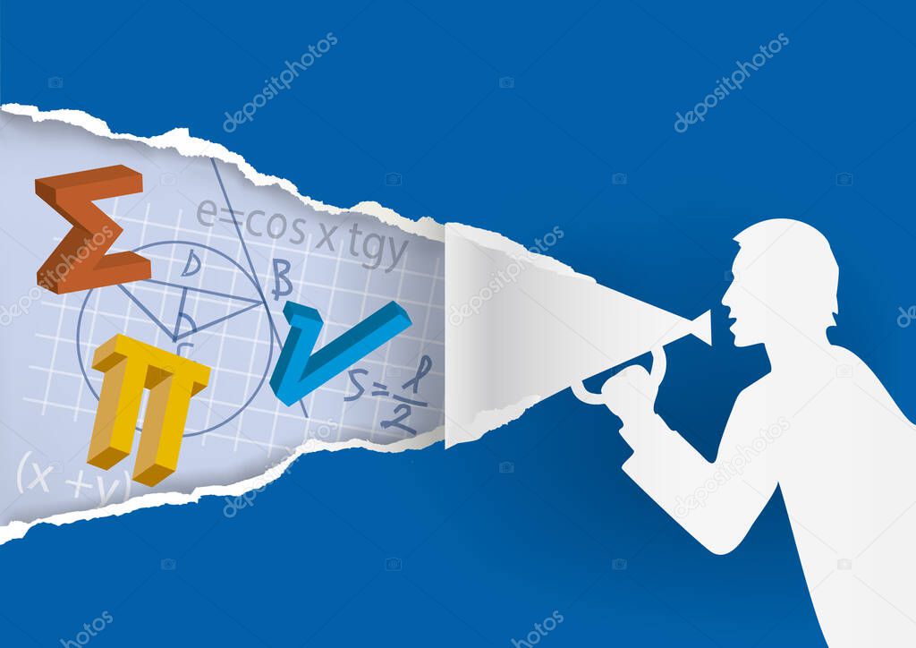 Math teacher, Distance learning Mathematics, Online education concept.Male silhouette with megaphon ripping paper with mathematics symbols and notes. Vector available.