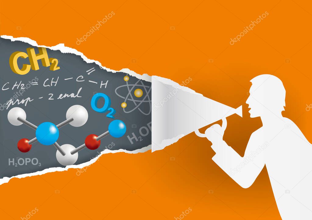 Chemistry  teacher, Distance learning Mathematics, Online education concept.Male silhouette silhouette with megaphone ripping paper with chemical symbols and notes. Vector available.