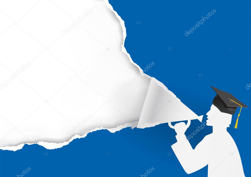 Paper student, graduate with megaphone.Blue paper background with Paper silhouette of graduate holding a megaphone.Place for your text or image. Vector available.