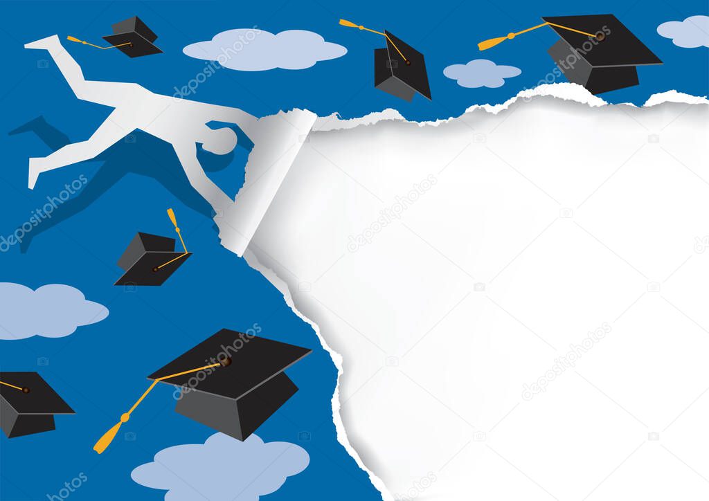 Man blowing in the wind, tearing paper, flying graduation caps.Crazy graduation announcement background  with place for your text or image. Vector available.