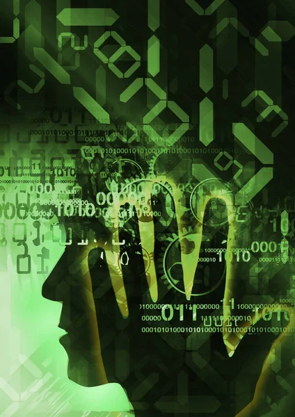 コンピューターの専門家プログラマーハッカー バイナリコードとギアを持つスタイルの男性の頭 — ストック写真