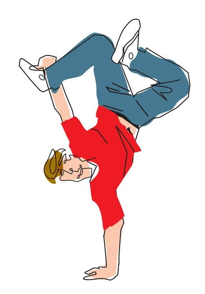 Acrobatic Break Dancer Breakdancing Young Man Handstand Line Art Stylized — Stock Vector
