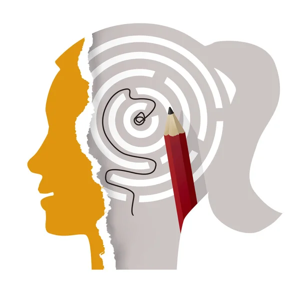 Sylwetka Głowy Kobiety Rozwiązany Labirynt Myślenie Kobiet Psychologia Koncepcja Ilustracja — Wektor stockowy
