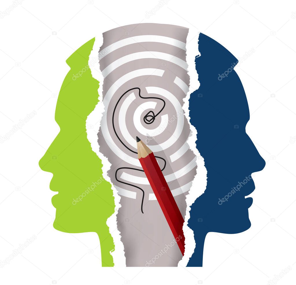 Schizophrenia, depression, male head silhouettes, labyrinth with pencil. Ripped paper Male head silhouettes. Concept symbolizing solution of psychological illnesses. Vector available.The image does not show real people.