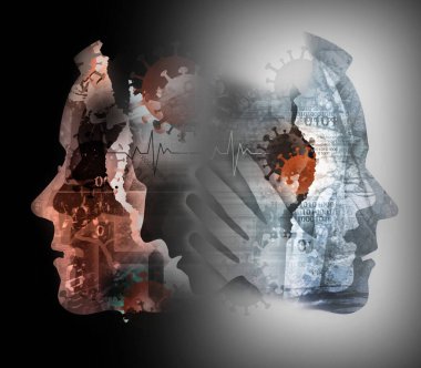 Koronavirüs salgını, acı çeken insanlar, hastalar ve kurbanlar. Erkek başlıklar, profilde gösterilen biçimlendirilmiş siluetlerin grunge anlamlı bileşimi. 