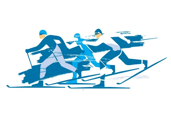 Cross Country Skiers Race Expressive Stylized Drawing Three Cross Country — Stock Vector