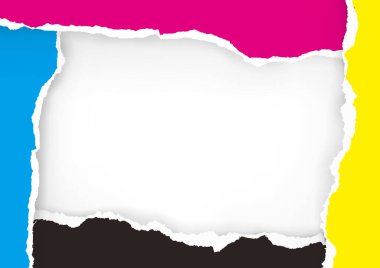 Yazdırma renkleriyle yırtılmış kağıt çerçeve. CMYK renkleriyle yırtılmış kağıt. Resminiz veya metniniz için yer. Renk yazdırma konsepti. Kullanılabilir vektör.