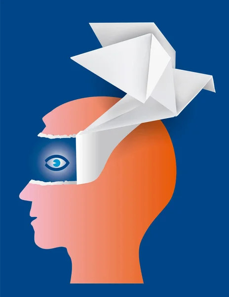 Открой Глаза Голубь Оригами Концепция Психологии Красный Мужчина Голова Профиль — стоковый вектор