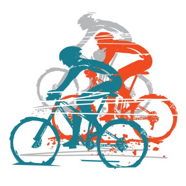 Three cyclists, competition, expressive stylized. Three cyclists in full speed. Imitation of hand drawing. Isolated on white background. Vector available.