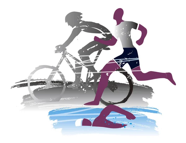 Triathlon Race Grunge Stylized Three Triathlon Athletes Expressive Brush Stroke — ストックベクタ