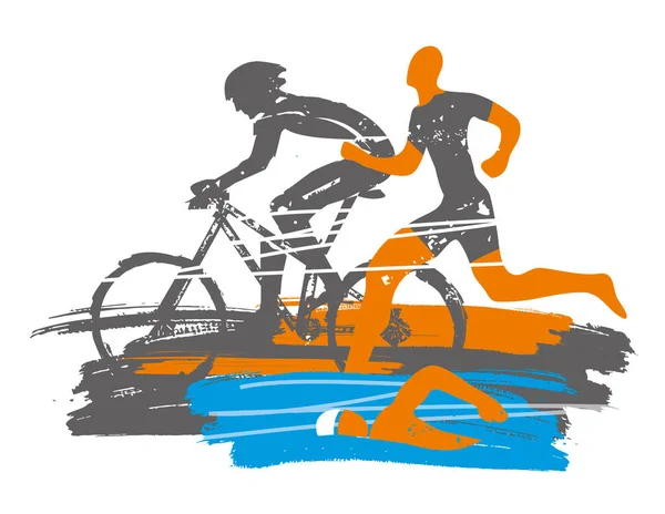 Triathlon Race Grunge Stylized Three Triathlon Athletes Expressive Brush Stroke — Stok Vektör