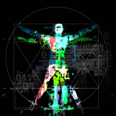 Vitruvius 'lu adam, yapay zeka, bilim ve teknoloji kavramı. Vitruvius' lu adamın, dijital çağı sembolize eden ikili kodları ile gelecekteki dışavurumcu görüntüsü..