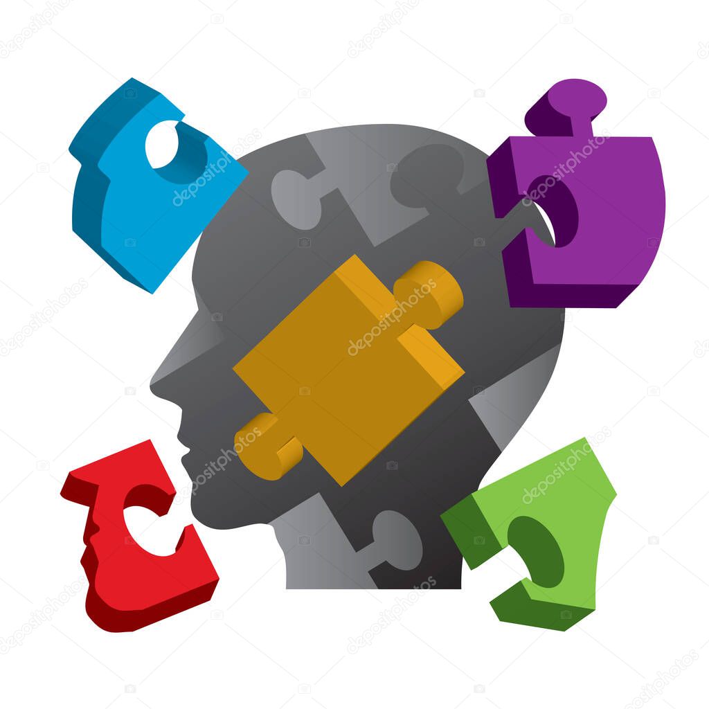 Joven, cabeza con rompecabezas, concepto de salud mental.Silueta de