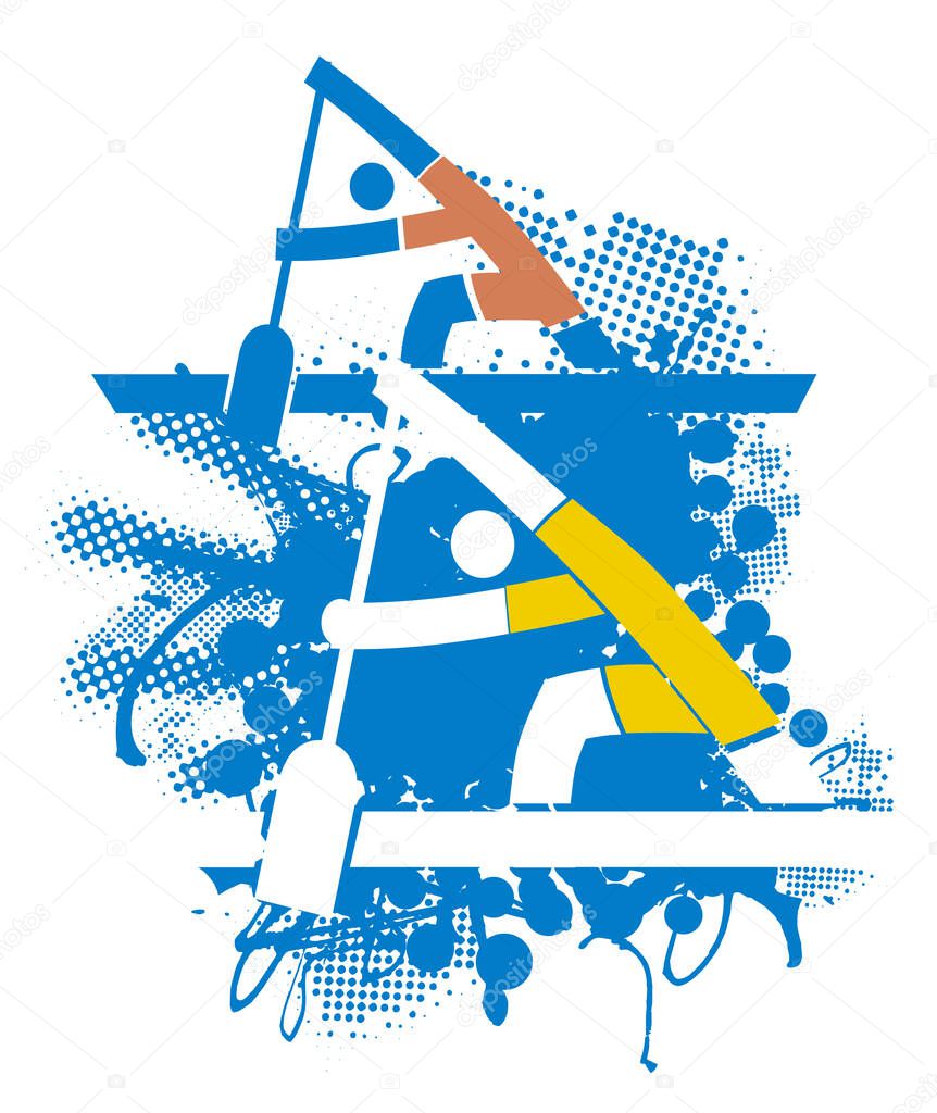 Two racing canoeists. Stylized drawing of two athletes on Canoe on Grunge abstract background. Vector available.