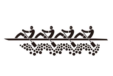 Dört kişilik kürek takımı, dekoratif sembol. Teknedeki dört spor kürekçisinin stilize edilmiş siyah illüstrasyonu. Beyaz arka planda izole edilmiş. Kullanılabilir vektör.