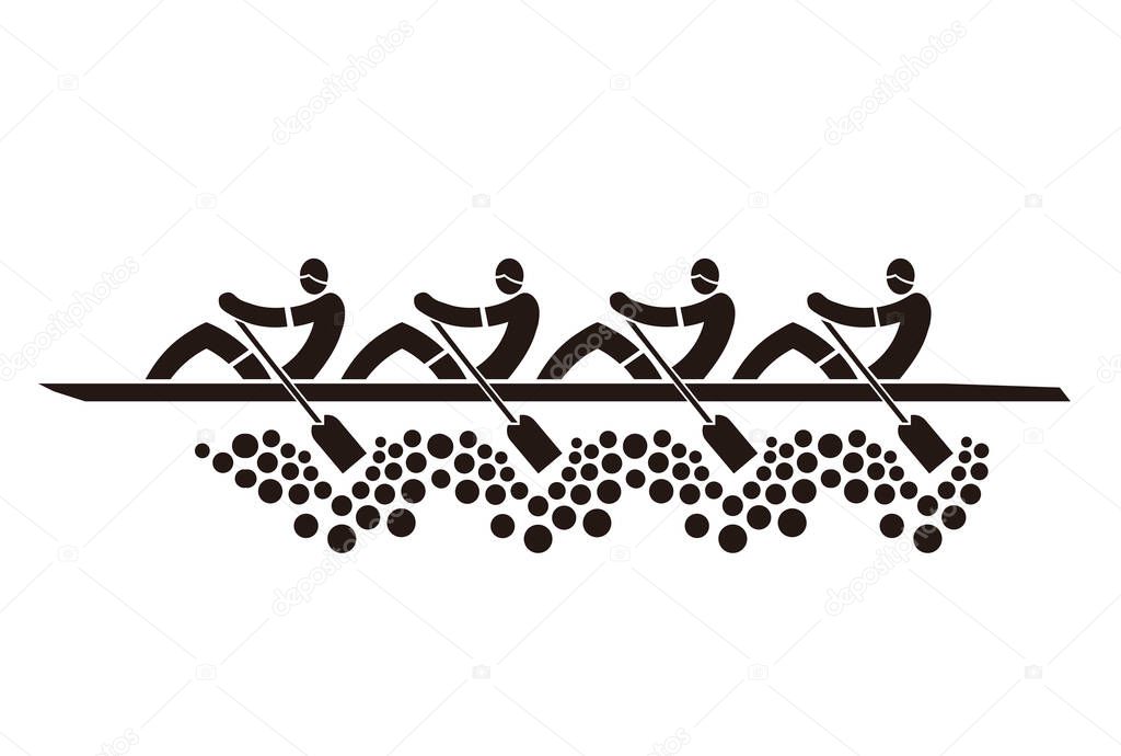 Team of four rowers, decorativ symbol. Stylized black Illustration of four sport rowers in boat. Isolated on white background. Vector available.