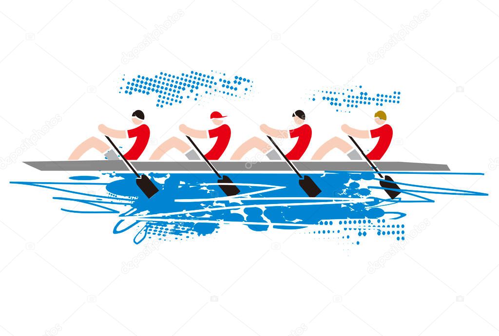Team of four rowers, grunge stylized.Colorful expressive Illustration of four sport rowers in boat. Isolated on white background.Vector available.