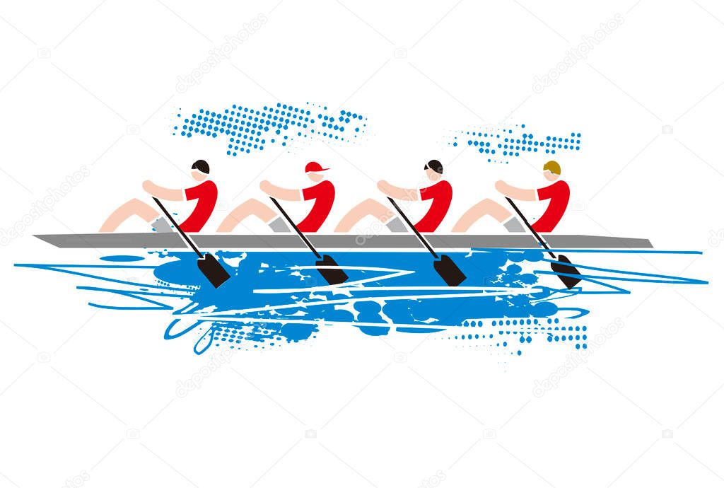 Team of four rowers, grunge stylized.Colorful expressive Illustration of four sport rowers in boat. Isolated on white background.Vector available.