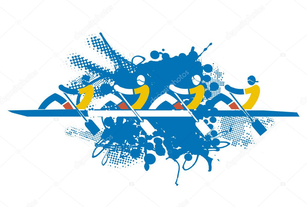 Team of four rowers, grunge stylized.Colorful expressive Illustration of four sport rowers in boat. Isolated on white background.Vector available.