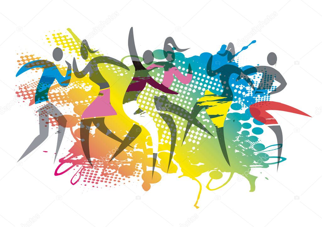  Wild dance party, beach party. Expressive, stylized illustration of dancing people on grunge colorful background. Vector available.