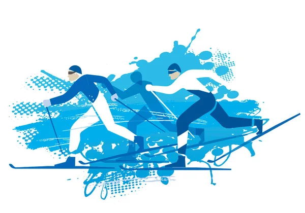Esquiadores Fondo Competición Expresivo Dibujo Azul Tres Competidores Esquí Fondo — Vector de stock