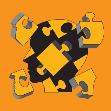 İnsan, kafası bulmacayla dolu, zihinsel sağlık konsepti. Havada uçan sarı üç boyutlu bulmacanın parçaları olan erkek silueti. Mantıklı çözümü ve psikolojiyi sembolize ediyor. Kullanılabilir vektör.