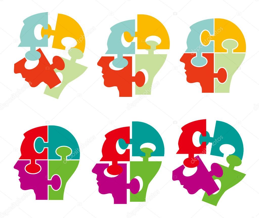 Colorful Puzzle Piece Silhouette Heads,psychology concept. Disassembled Puzzle male head silhouette symbolizing concentration, mindfulness. Vector illustration. 