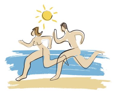 Nudists, running naked couple.Stylized expressive illustration of man and woman running on a beach in summer. Vector available. clipart