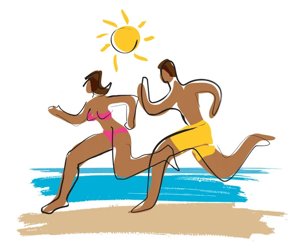 Running Couple Swimsuits Beach Stylized Expressive Illustration Man Woman Running —  Vetores de Stock