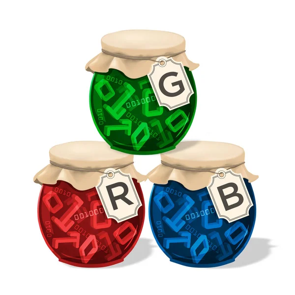 RGB color model,jam, Funny vintage concept.Illustration of three jam glass jars with binary code 3d symbols and labels with text RGB.