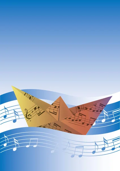 Origami Hajó Zenei Jegyzetek Zenei Hullámok Illusztráció Költői Motívum Hasznos — Stock Vector