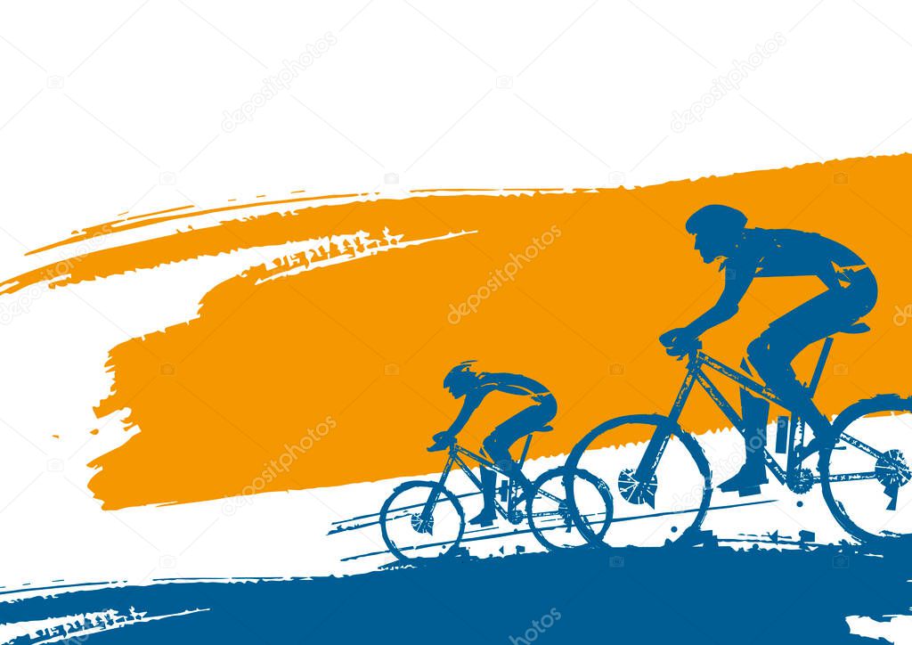 Mountain bike cyclists,banner background. Colorful backdrop with two cyclists on expressive brush stroke. Banner template. Vector available.