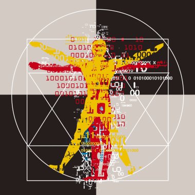 Vitruvius 'lu adam geleceksel olarak stilize edildi. Renkli erkek siluetleri ikili kodlarla daire içinde. Vector kullanılabilir..