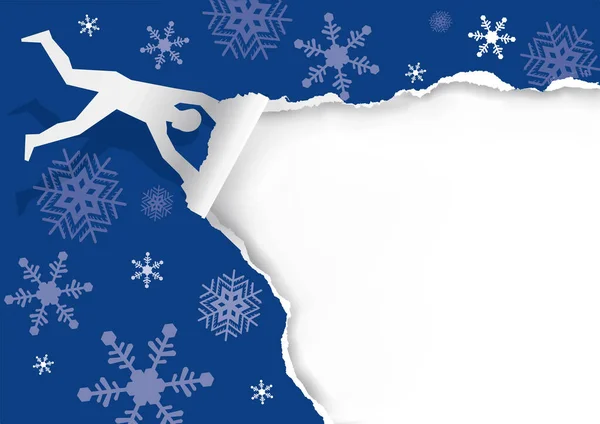空飛ぶ男 紙を引き裂く 面白い引き裂かれた紙クリスマスバナーテンプレート 紙男性のシルエットは青いクリスマスの紙の背景をリッピング ギフトをアンラッピング ベクトル利用可能 — ストックベクタ