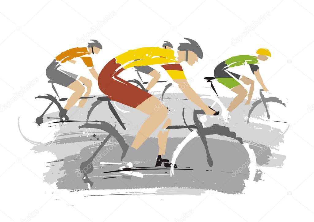 Road Cycling Competitors. Expressive illustration, Group of racing cyclists on the white background.Vector available.